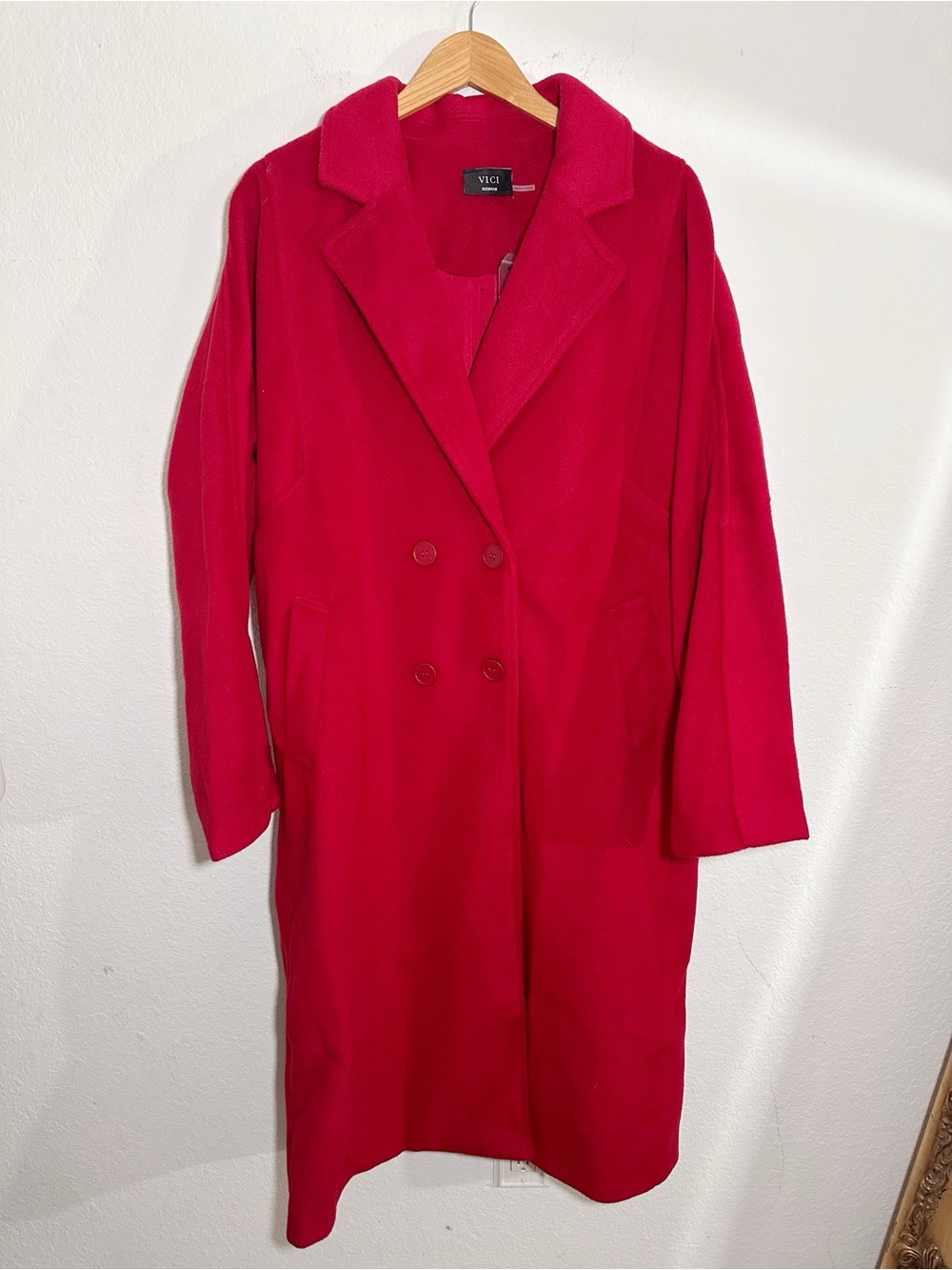 NWT Vici Bright Cherry Red Collared Pea Trench Coat Size Medium Heavy Weight